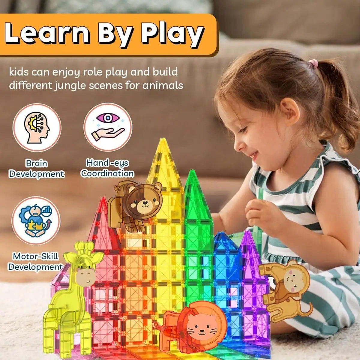 A young girl plays with magnetic building blocks featuring dinosaur and animal figures.