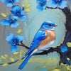 A painting of a blue bird perched on a branch with blue flowers against a light blue and green background.