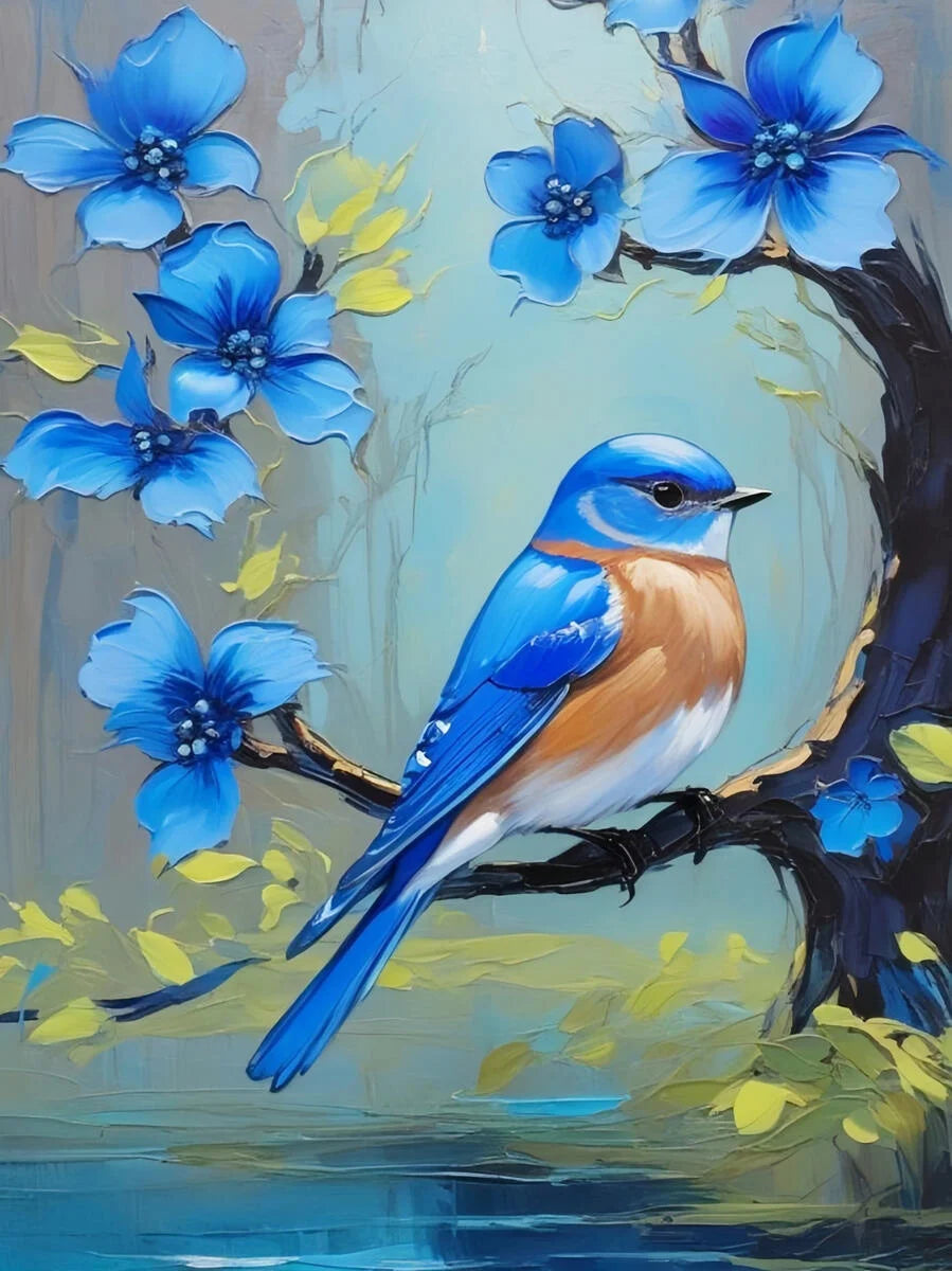 A painting of a blue bird perched on a branch with blue flowers against a light blue and green background.