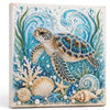Diamond art featuring a sea turtle surrounded by various seashells and aquatic plants.
