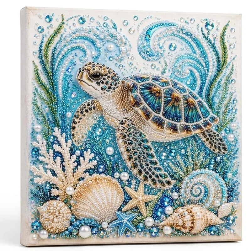 Diamond art featuring a sea turtle surrounded by various seashells and aquatic plants.