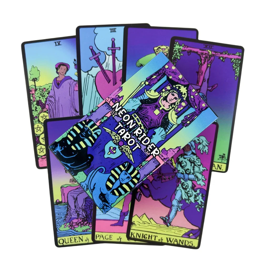 A spread of tarot cards featuring the Neon Rider card and other Major Arcana cards.