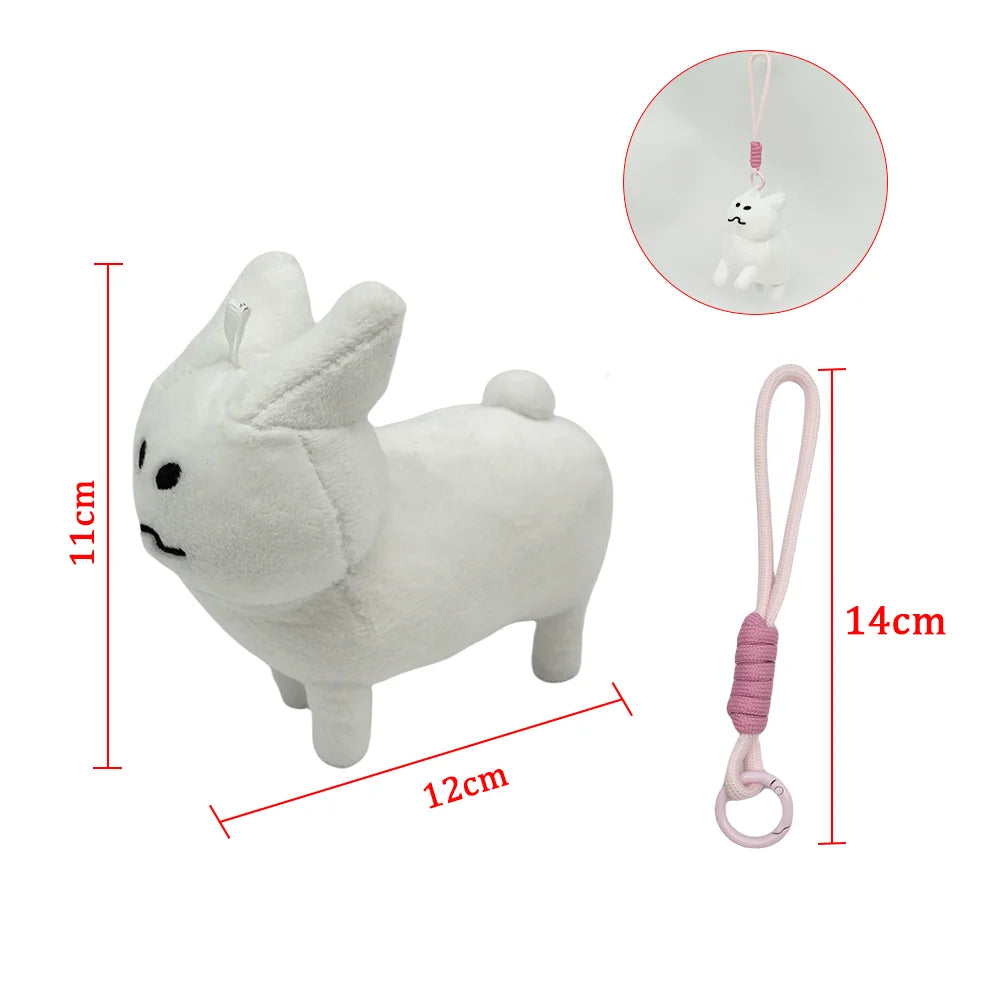 White plush rabbit stuffed toy with pink string and loop for play