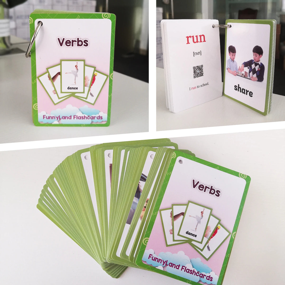 A stack of pink and green flashcards featuring action verbs like run and dance for children.