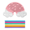 Pink and white silicone sensory activity board with 12 colorful strings stacked below