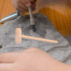 A hand is using a wooden hammer and brush to excavate a fossil from a gray rock surface.