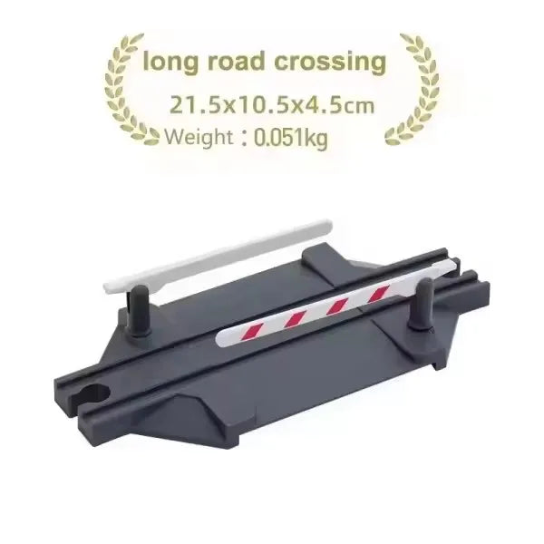 A black wooden train track accessory set used for long road crossing railway play.