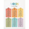 A set of 20 emotion words for my feelings canvas wall art featuring various facial expressions and colors