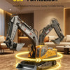 A yellow mini excavator with a hydraulic arm is shown rotating 360 degrees on a carpet.