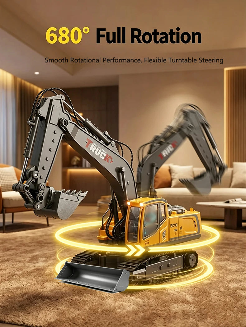 A yellow mini excavator with a hydraulic arm is shown rotating 360 degrees on a carpet.