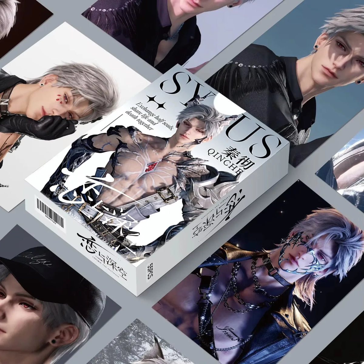 A collection of glossy photo cards featuring male models in various dark and dramatic styles.