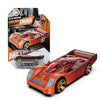 A detailed model of a racing car with an orange finish and gold wheels, shown alongside its packaging.