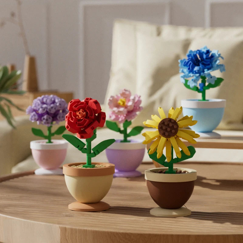 Building Block Flower Pot Set – Roses, Sunflowers & Carnations