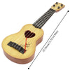 A wooden ukulele toy with adjustable tuning pegs and a heart in the soundhole.