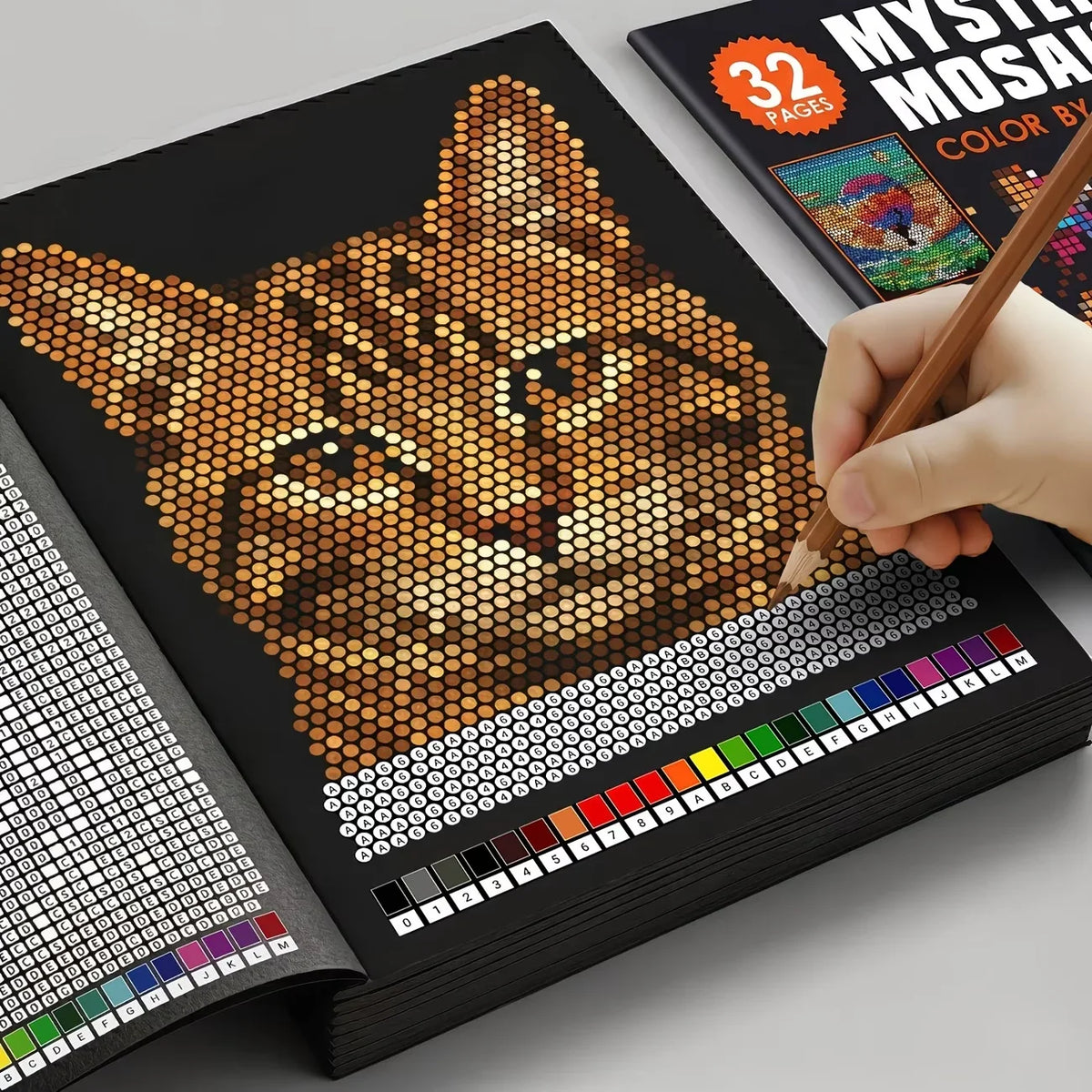 A close-up of a black book featuring a gold-colored cat mosaic for a color by number activity.