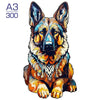 A detailed illustration of a German Shepherd dog's head and chest in vibrant orange, blue, and brown tones.