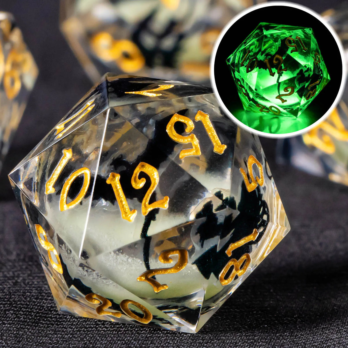 Liquid Core Glow D&D Dice Set with Sharp Edges