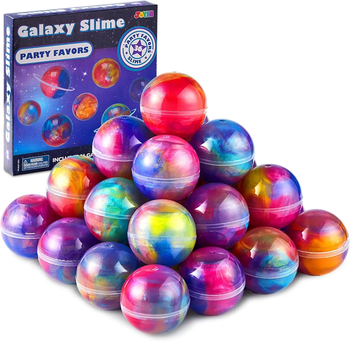 A box of Galaxy Slime party favors containing 36 colorful, spherical slime toys.
