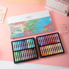 A set of 48 soft oil pastels in macaron colors displayed on a pink background.
