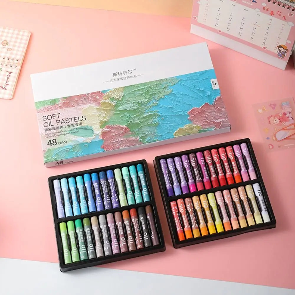 A set of 48 soft oil pastels in macaron colors displayed on a pink background.