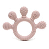 A pink silicone baby teether with various chew beads and bunny shapes for soothing gum relief.