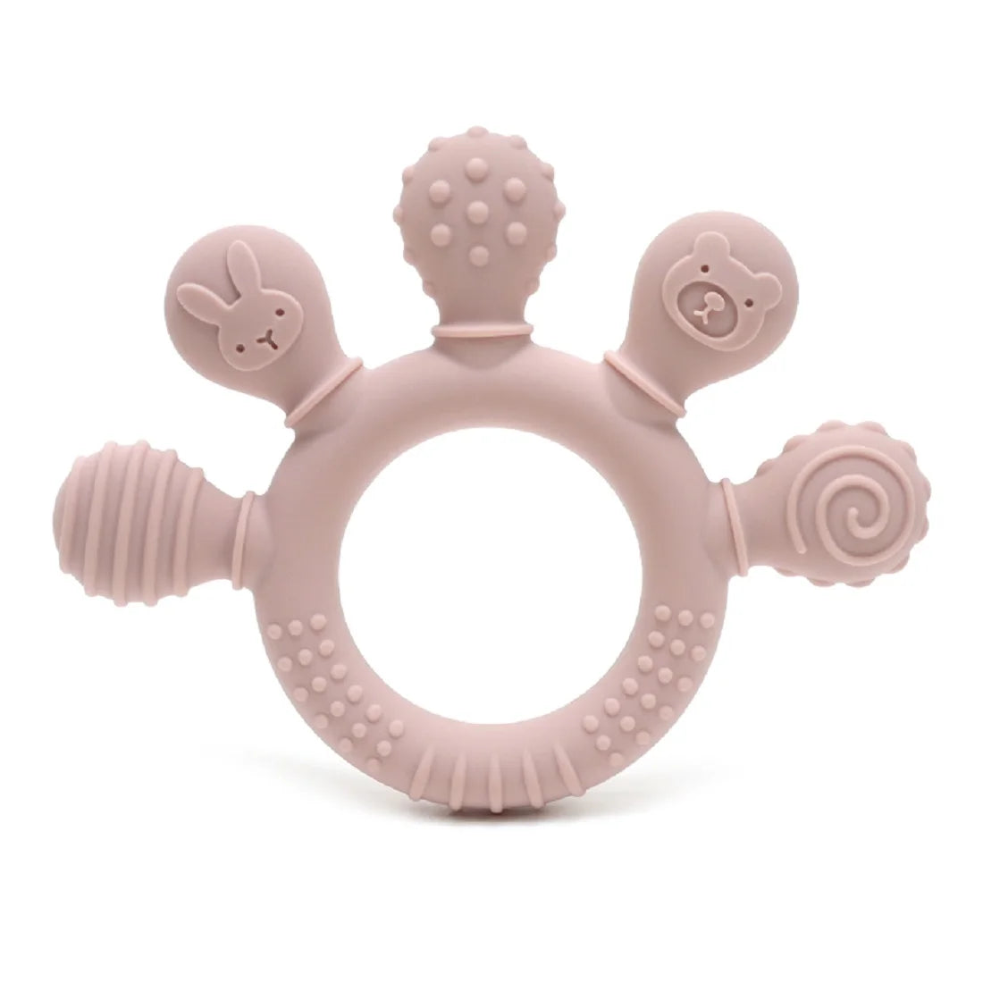 A pink silicone baby teether with various chew beads and bunny shapes for soothing gum relief.