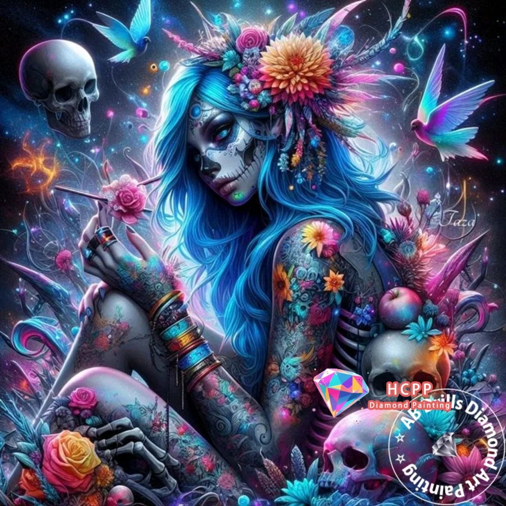 A vibrant diamond painting featuring a skull-faced woman with blue hair adorned with colorful flowers and feathers.