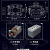 Diagrams and components of a motorized V8 engine building block set with an electric drive, showing the motor and battery box