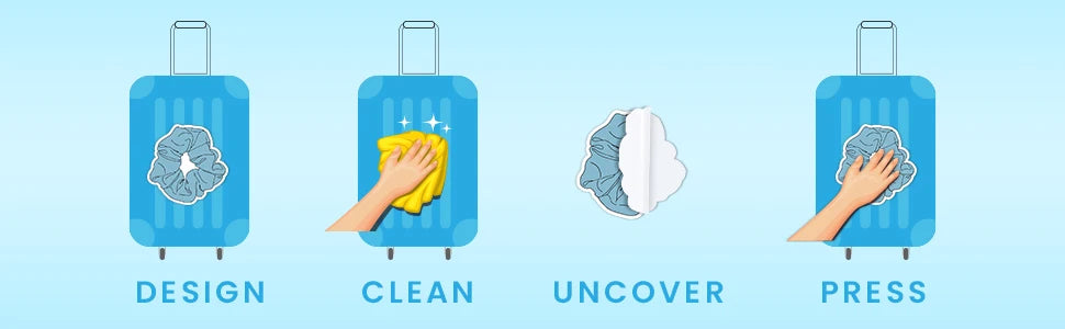 Illustration showing four steps for applying a Golden Botanical Transparent PET sticker pack: Design, Clean, Uncover, and Pre