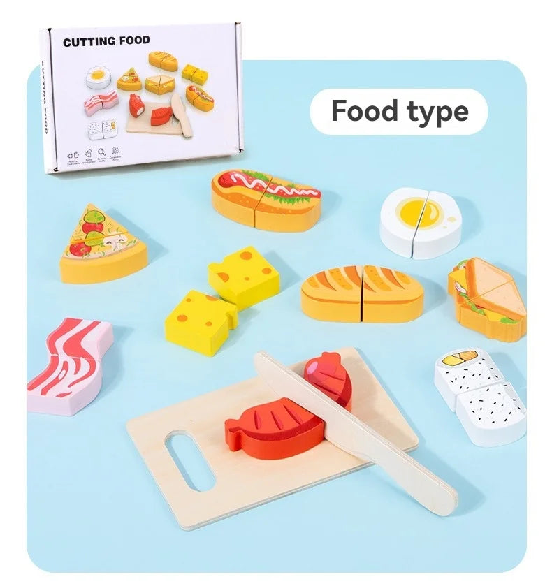 Wooden Pretend Play Kitchen Set with Cutting Fruits and Vegetables