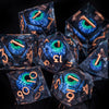 A collection of seven liquid core resin polyhedral dice, including a d10 and d12, displayed against a dark background.