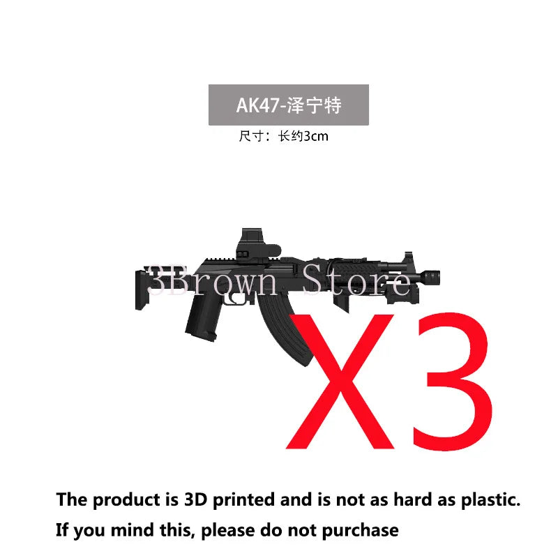 3D printed AK47 rifle model with accessories and a helmet
