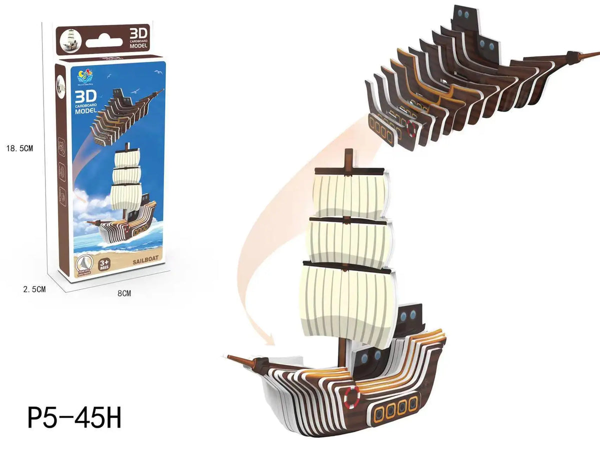 A set of 3D paper animal puzzles featuring a sailboat and a dinosaur, packaged in a box.