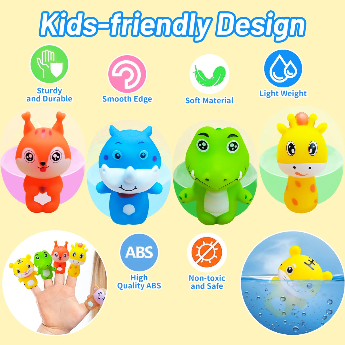 A set of ten soft rubber animal finger puppets for kids featuring various colorful animals like a fox, bear, frog, and giraff