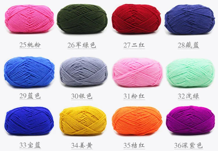 A collection of pre-dyed milk cotton yarn in various colors and shades, including pink, green, red, blue, purple, yellow, and