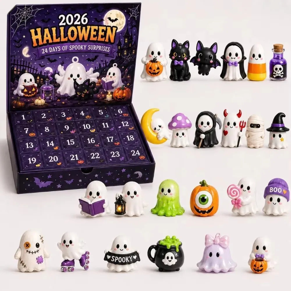 A dark purple Halloween advent calendar box filled with 24 spooky resin ornaments featuring ghosts and bats.