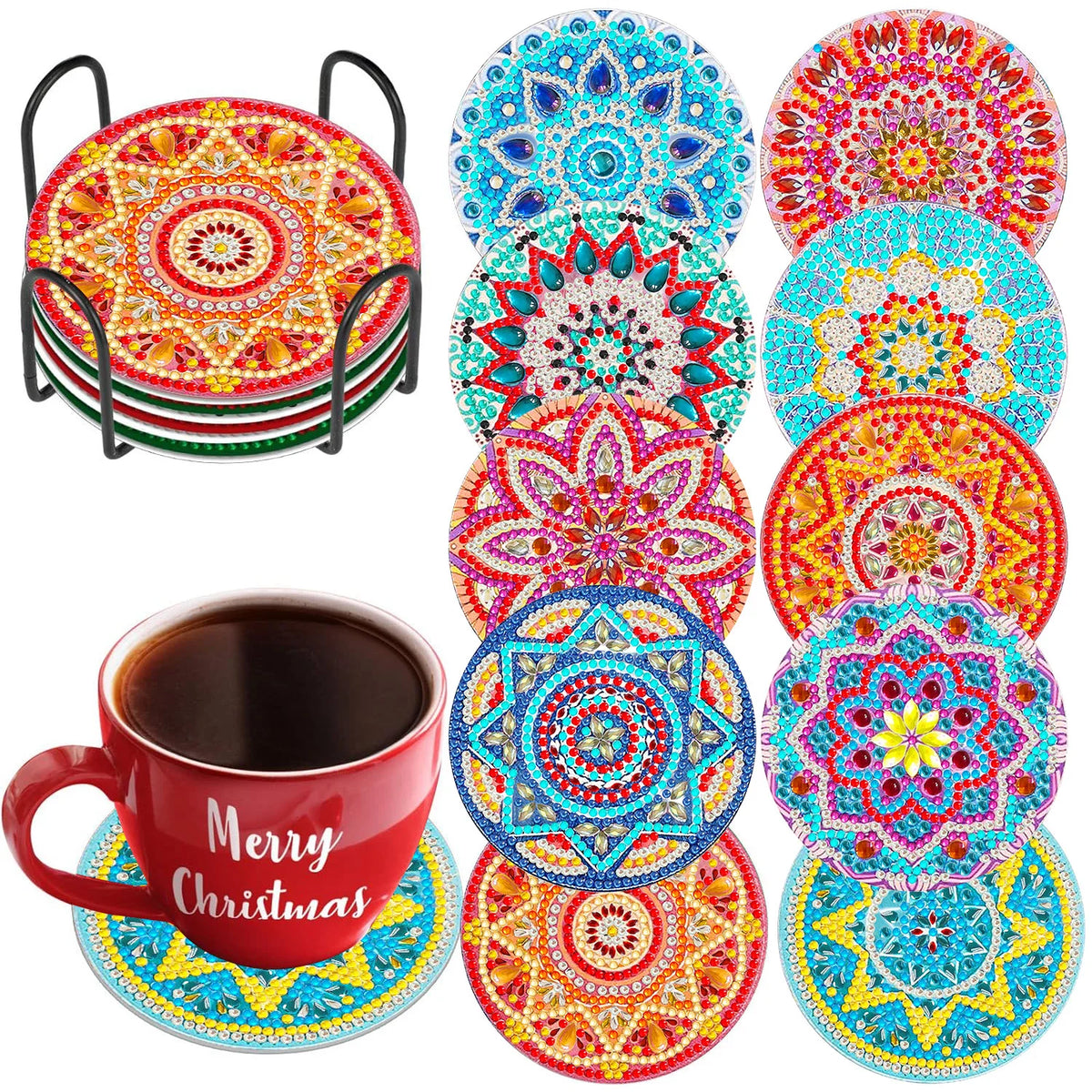 Mandala Floral Diamond Art Coaster Set with Stand