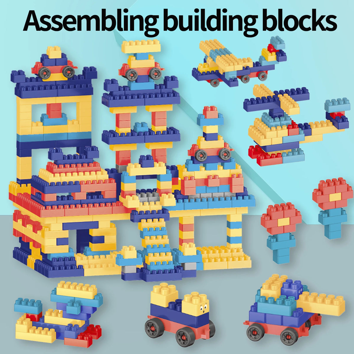Asssembling building blocks featuring various colorful plastic bricks and structures for children