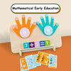 A wooden finger counting math toy showing the equation 7 + 2 = 9 and various addition problems for early education.