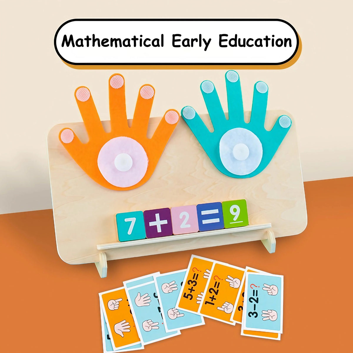 A wooden finger counting math toy showing the equation 7 + 2 = 9 and various addition problems for early education.