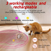 A cat toy featuring a rolling ball, shown with instructions for three working modes and rechargeable battery.