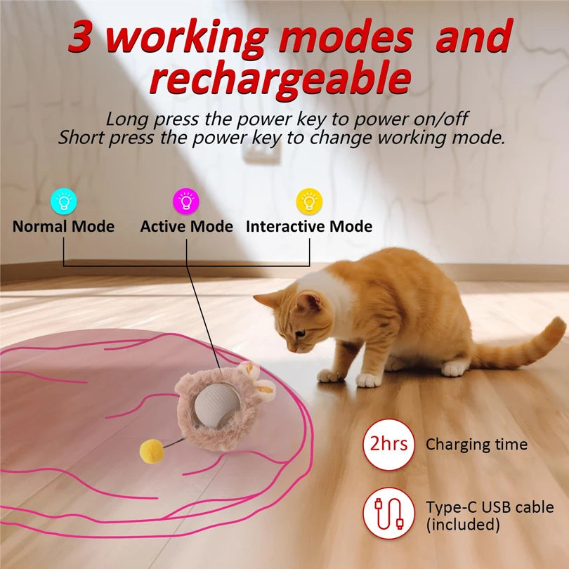 A cat toy featuring a rolling ball, shown with instructions for three working modes and rechargeable battery.