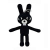 A black plush toy resembling a rabbit with large white eyes and a small white nose.