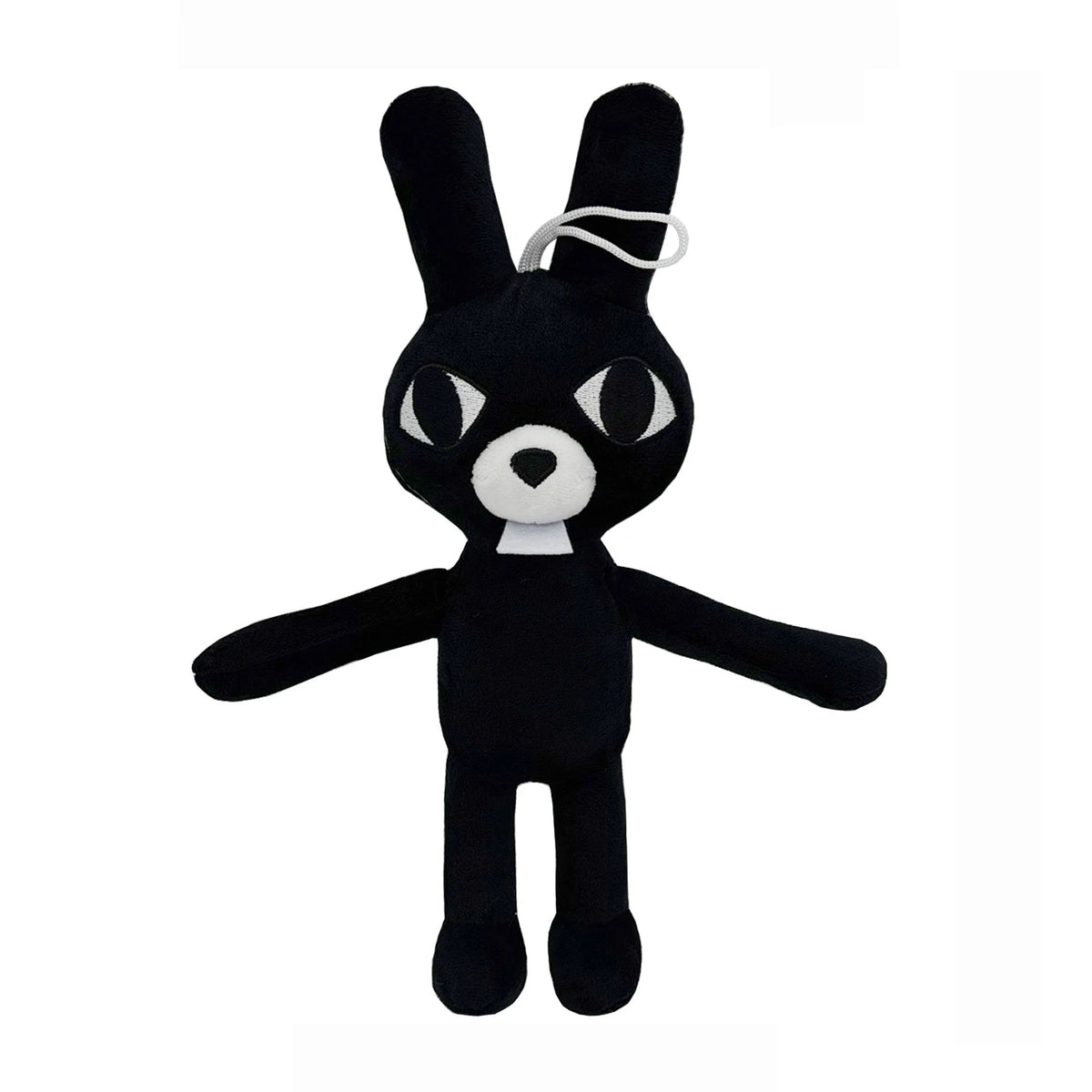 A black plush toy resembling a rabbit with large white eyes and a small white nose.