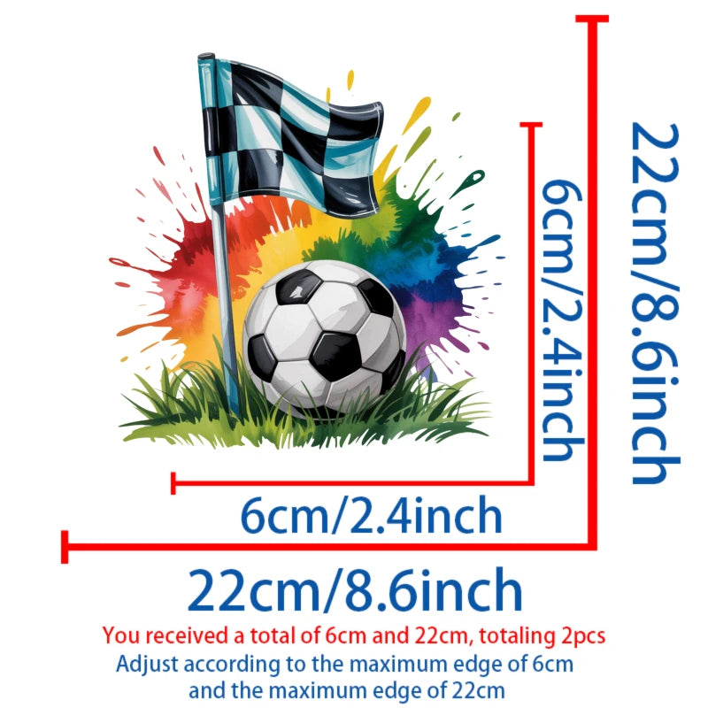 Iron-on patches featuring a soccer ball splash design, with dimensions of 6cm and 22cm.