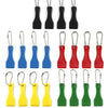 A set of yellow and green plastic lottery scratcher keychains with metal split rings.