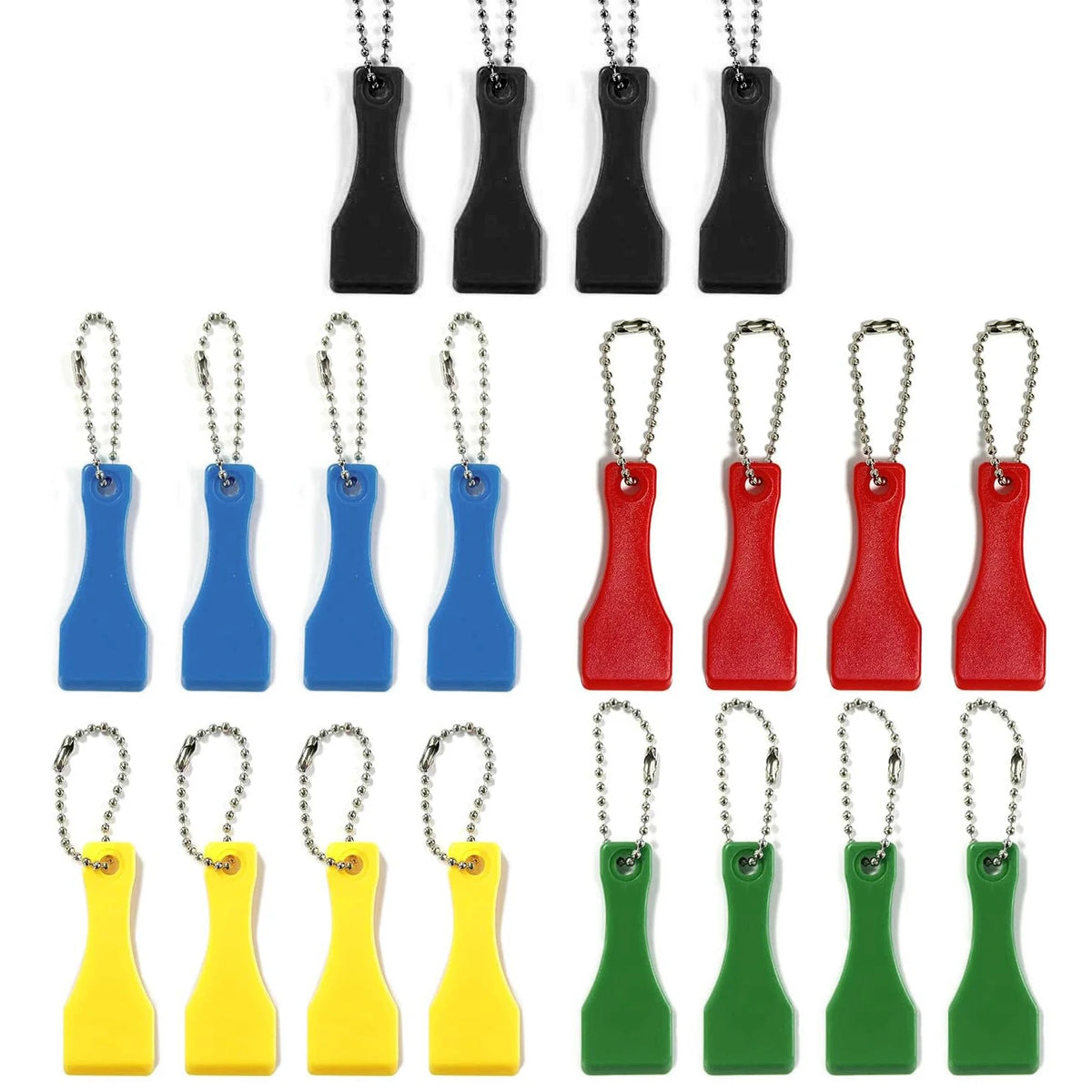 A set of yellow and green plastic lottery scratcher keychains with metal split rings.