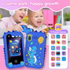A blue silicone case for a kids' touchscreen phone featuring dual cameras and 17 puzzle games, shown next to happy children.