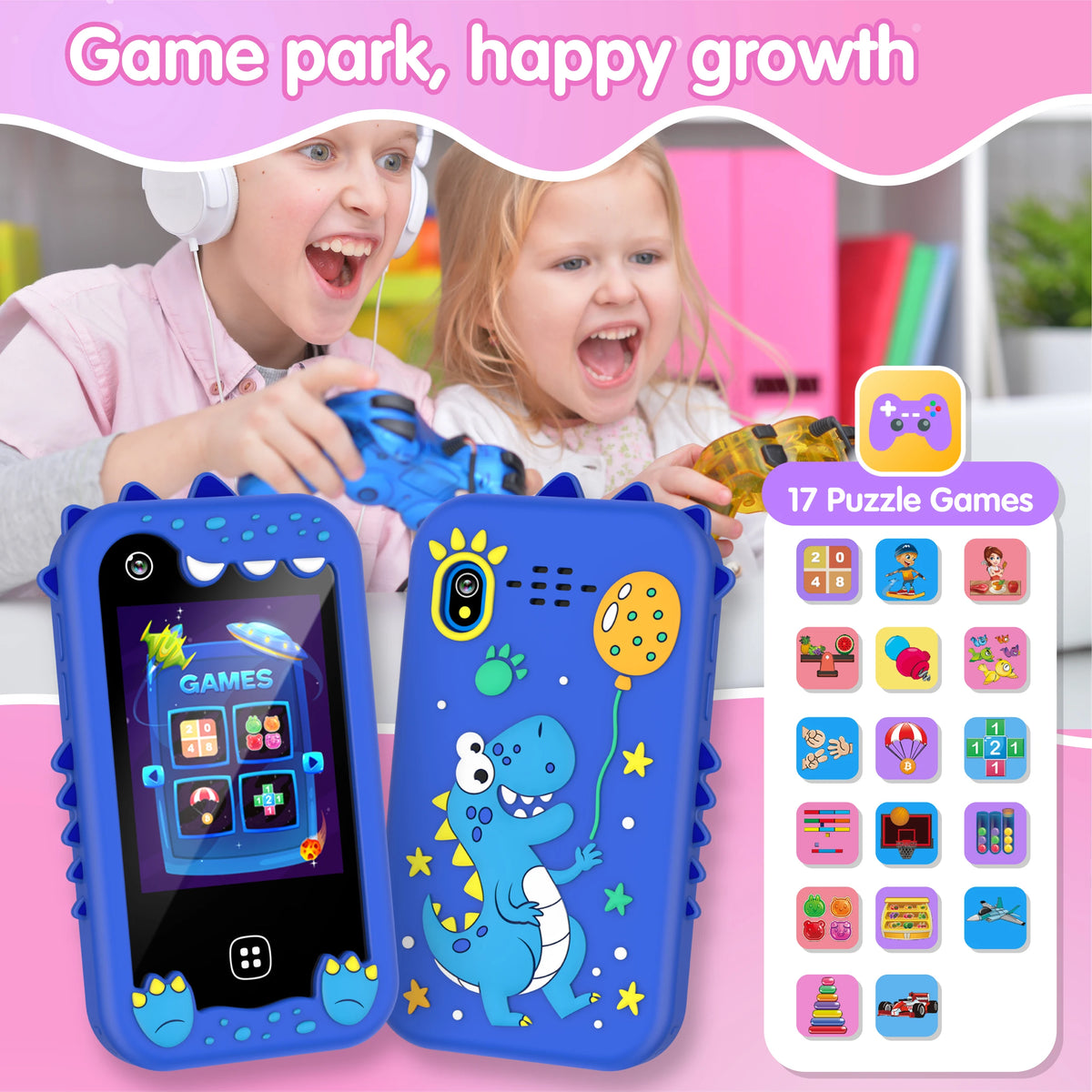 A blue silicone case for a kids' touchscreen phone featuring dual cameras and 17 puzzle games, shown next to happy children.
