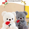 A white plush bear holding a red rose and a gray plush bear sitting next to it.